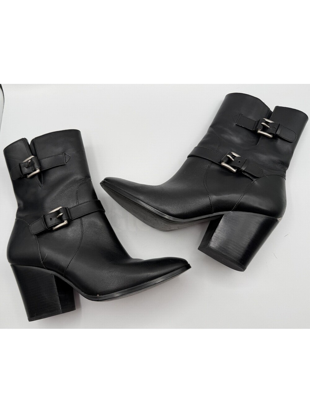 Michael Kors Ashton Black Leather Buckle Moto Mid Block Heel Ankle Boots 10 EUC